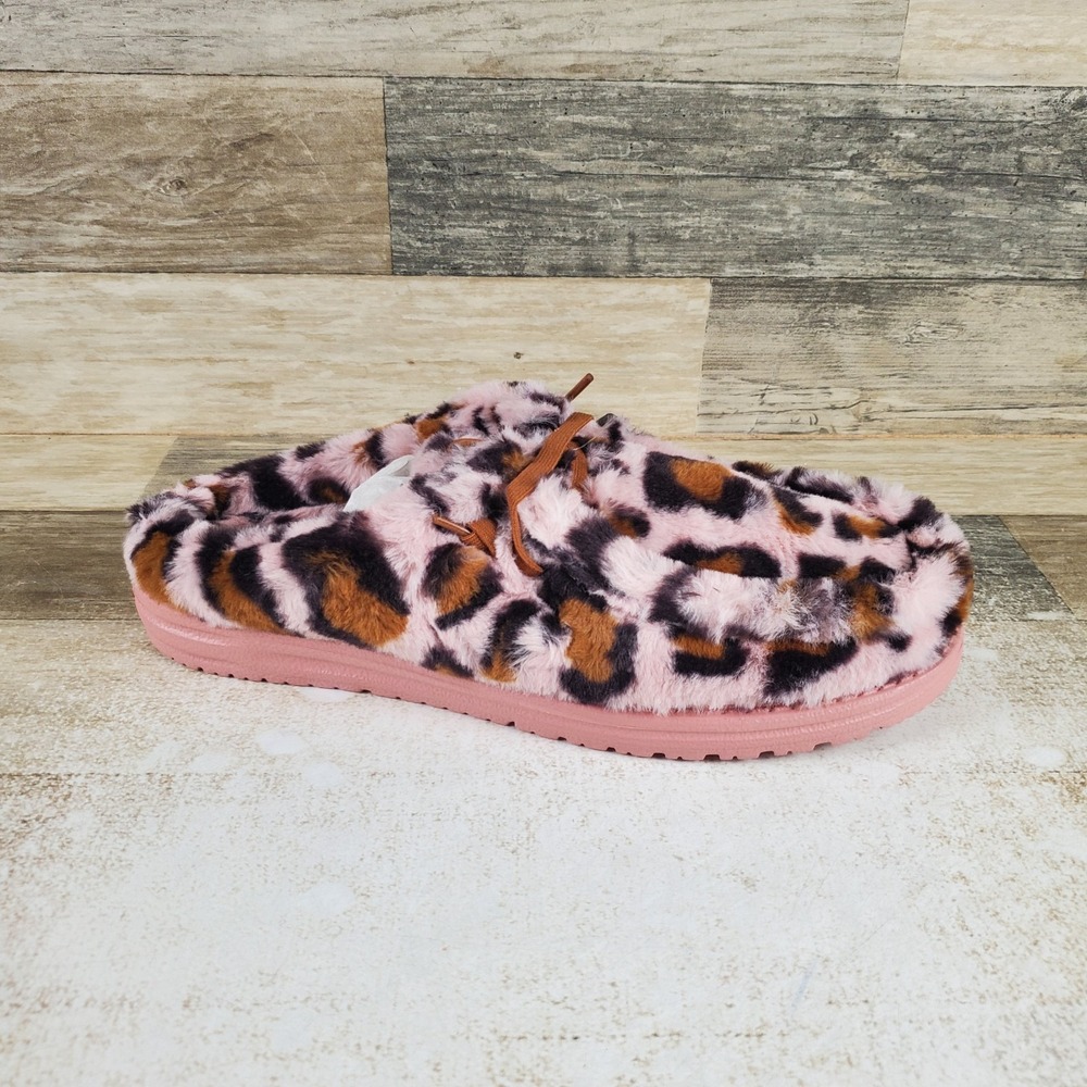 Hey Dude Wally Leo Fur Slipper Mens 9 / Womens Sz 11 Pink Leopard Print
